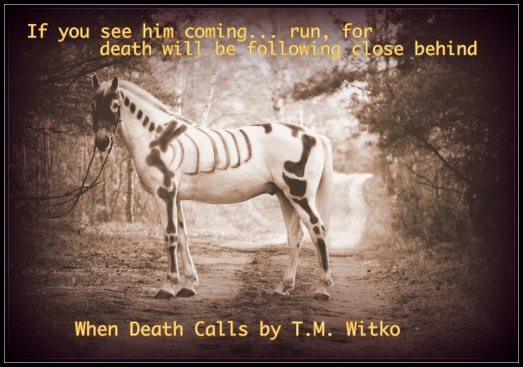 White horse painted as skeleton standing in the autumn forest